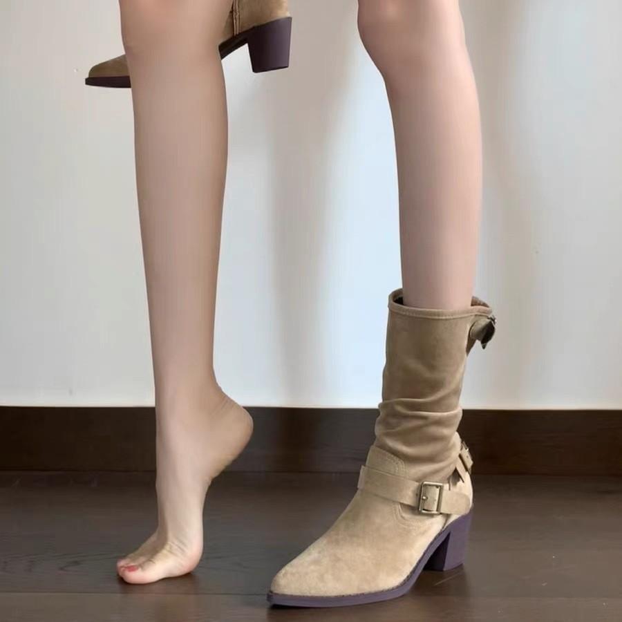 Retro suede belt buckle thick heel medium boots women's new western style thin babes pile boots