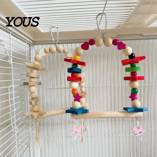 Wood Parrot Toy Hanging Swing Toy, Wooden Bird Perch Stand for Cage, Standing Branch Beads Blocks Chew Parakeet Cockatiel Budgie Macaws