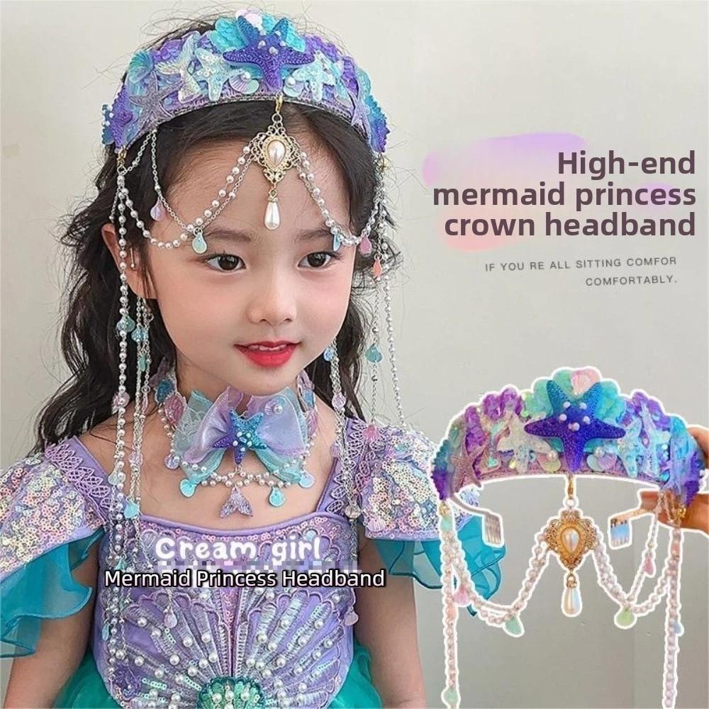 Tassel Mermaid Princess Headband Pearl Jewelry Tassel Crown Forehead Necklace Hair Hoop Children