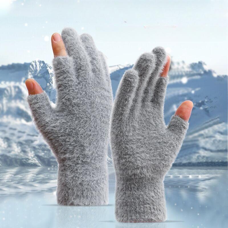 1Pair Black Gray Men & Women Winter Warm Fingerless Gloves For Writing And Touch Screen Use Casual Outings Riding Gloves