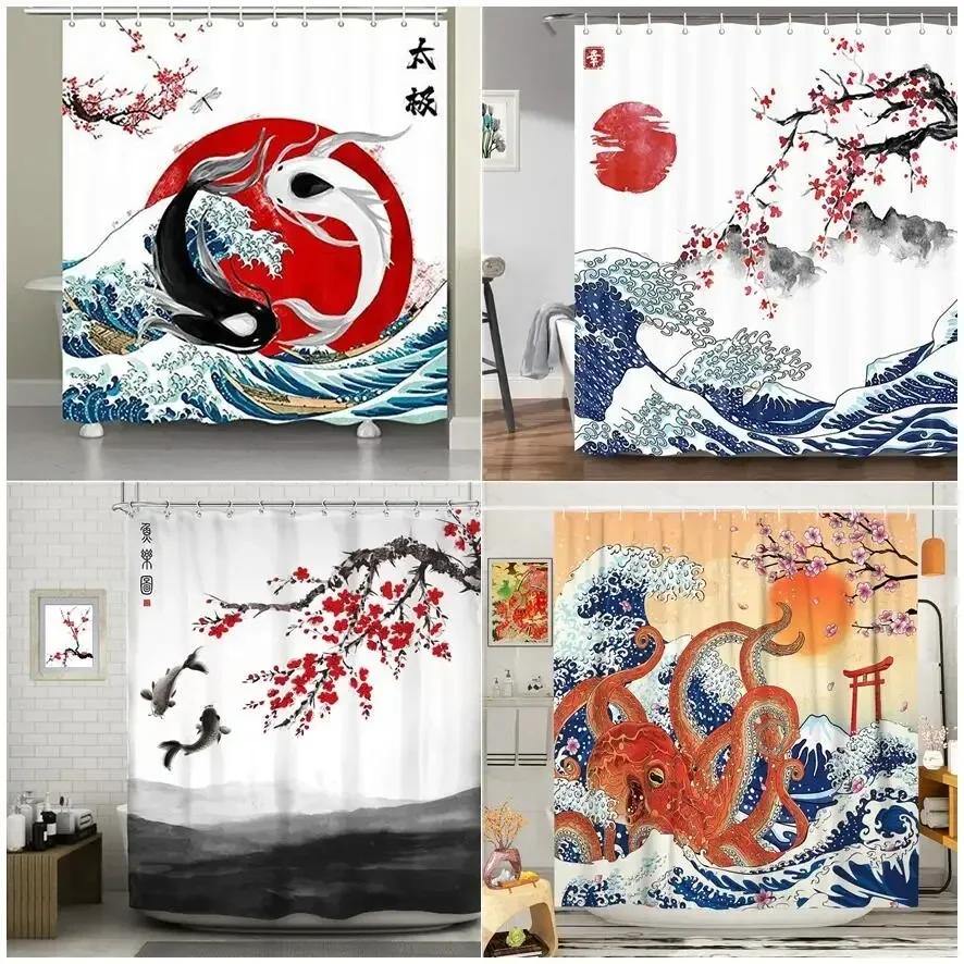 Duschvorhang im japanischen Stil Koi-Fisch Kirschblüte Sonne Meer Welle Oktopus Landschaft Polyesterstoff Vorhänge Badezimmerdeko