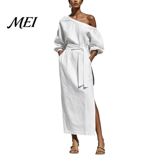 Lightweight Summer Dress Women One Shoulder Long Dress, Solid Color Tie Waist Side Split Maxi Casual Party Sleeve for Dresses XXXL