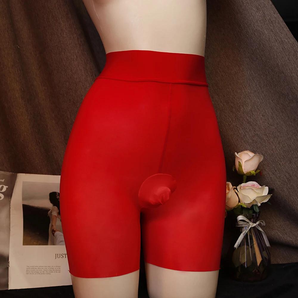 Sheer Shiny Ultra-Thin Boxer Short Men Pantyhose Sissy Penis Pouch Underwear High Waist Nylon Plus Size Open Peni Sheath Tights