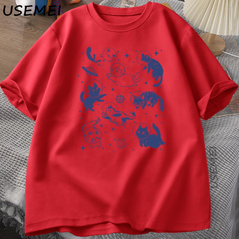 Retro Cats in Space 90s Graphic T Shirts Vintage Astronaut Cats TShirt Funny Kitten Tshirt Print Comfortable Round Neck T Shirt XL