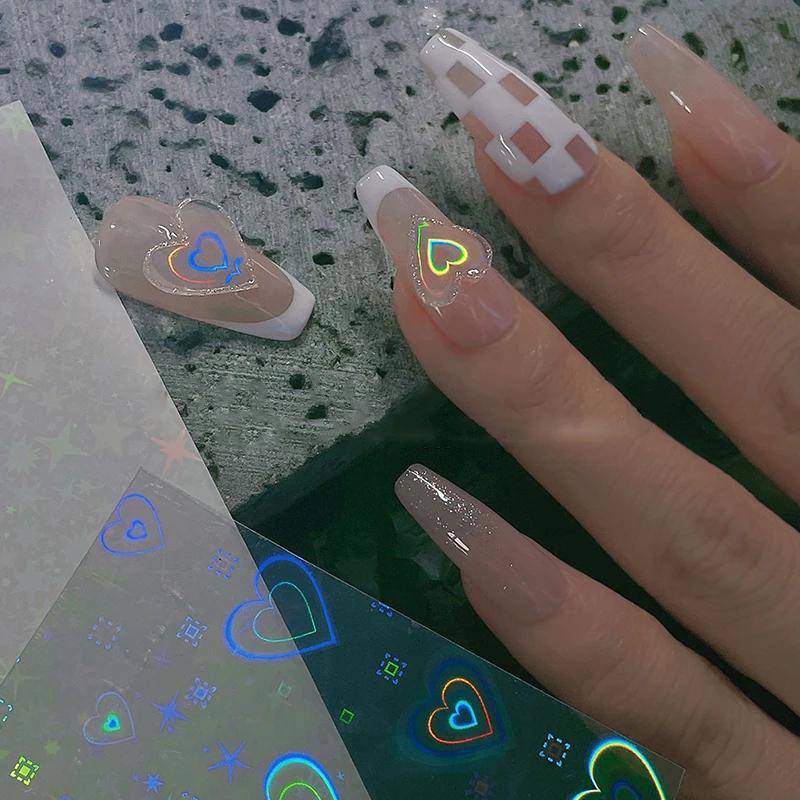 1PC Laser Nail Stickers Holographic Sliders Stars Hearts 3D Transfer Decals DIY Tips Nail Art Decorations Manicure Accessories