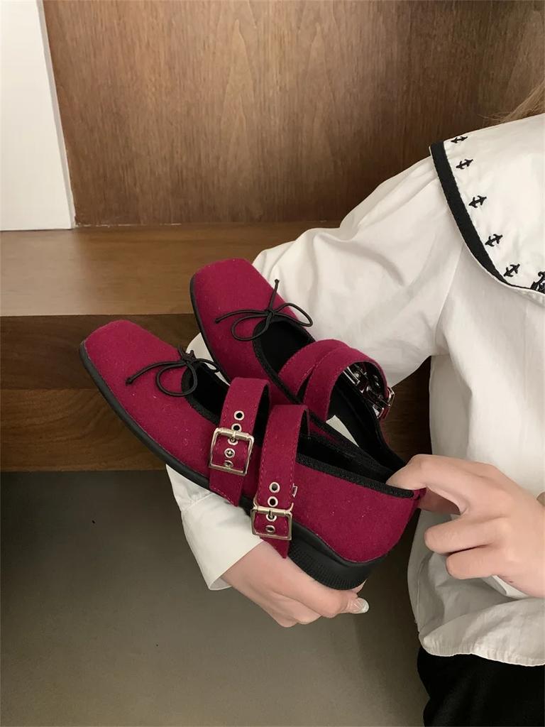 Fashion IPPEUM Velvet Mary Janes Shoes Women Ballet Flats Square Toe Rose Red Buckle Ballerinas Zapatos Mujer