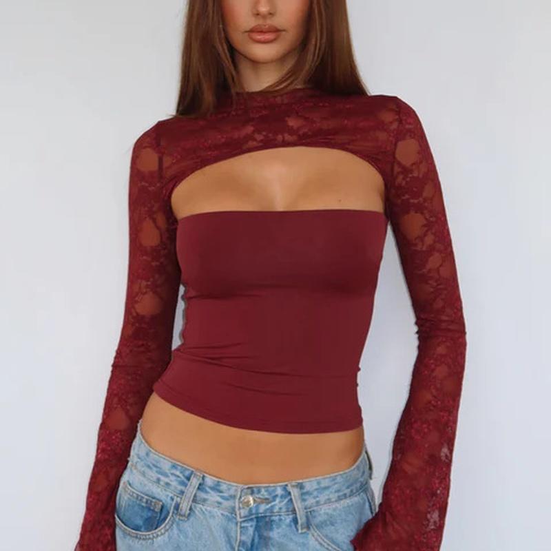 Women's Lace Long Sleeve Going Out Tops Sexy Y2K Crew Neck Cutout Double Lined Slim Night Out Shirts