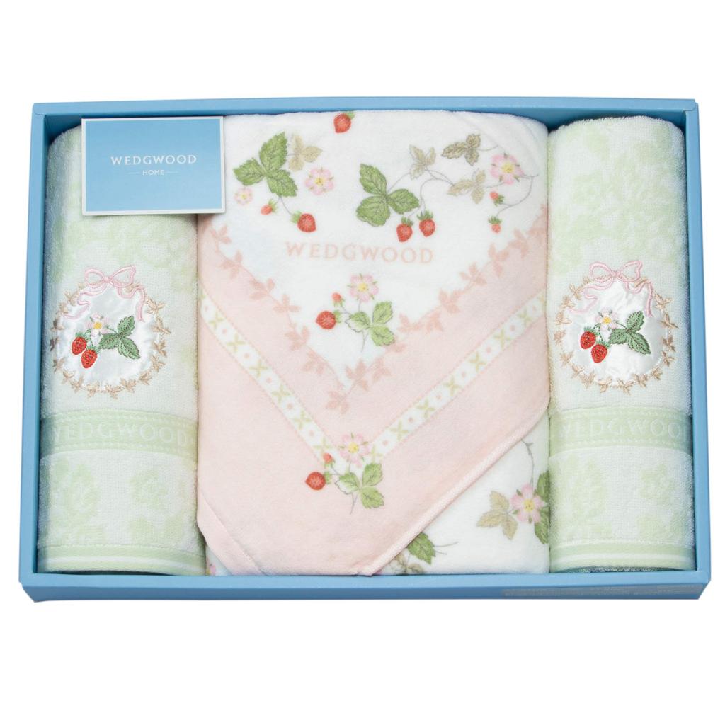 Nishikawa Ručník Dárek 1 Osuška a 2 Ručníky na obličej Wedgwood Wild Strawberry Značka Tenký typ pro každodenní použití Vyrobeno v Růžové TT88500601P1 Sada Ručníků, 100% Bavlna,