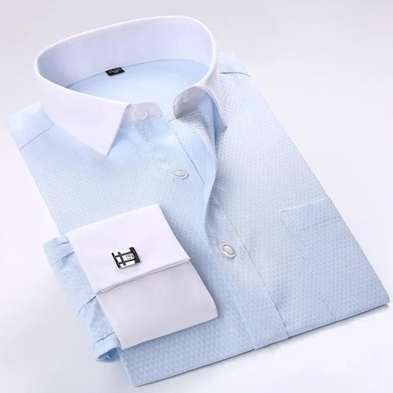 Qualität Manschettenknöpfe Hemd Herren Langarm Smoking Männlich Marke Slim Fit Weiß Knopfmanschette Gesellschaftliche Herren Hemden