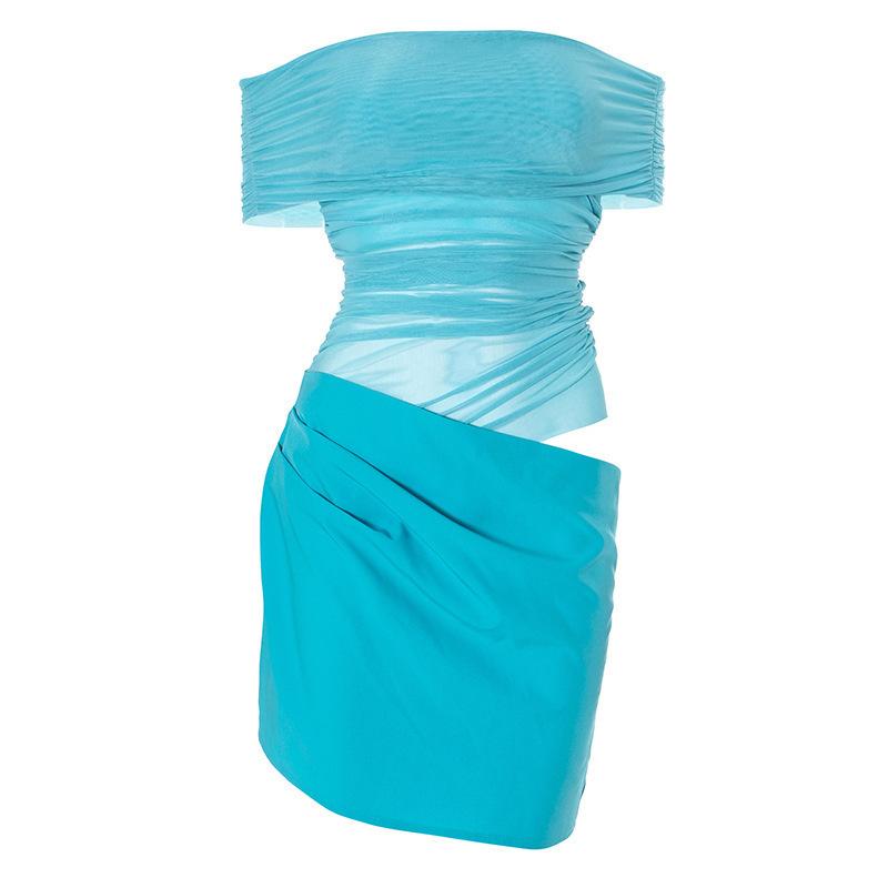 European and American summer new sexy one-word shoulder sexy hip skirt fashion mesh splicing slim dress
