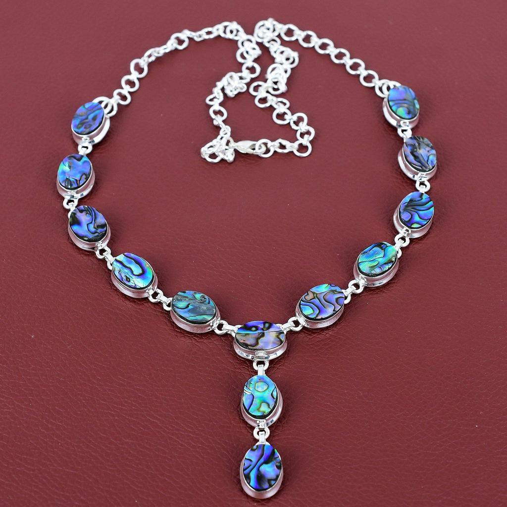 Abalone Shell Necklace Natural Gemstone Necklace 925 Sterling Silver Necklace Handmade Boho Jewelry Adjustable Chain Necklace Gifts for Wife