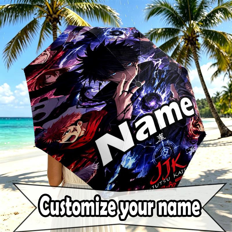 Custom Name Personalized Jujutsu Kaisen Print Umbrella, Auto Open Close, 8‑Rib Sturdy Frame, Commute Camping Hiking Use, Birthday Gift