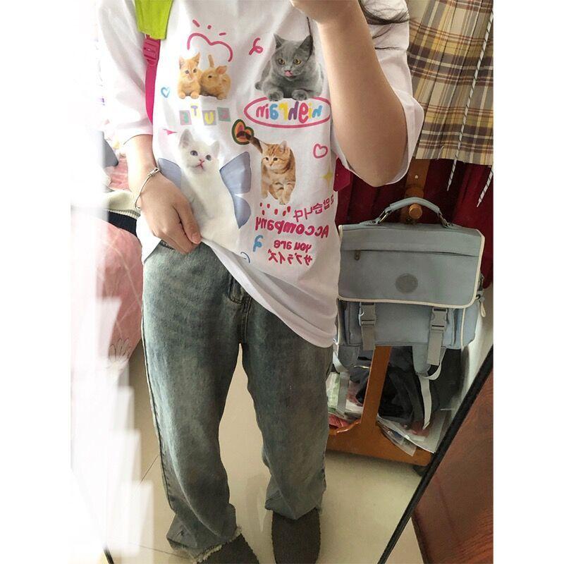 Summer Casual Oversized T Shirt Pure Cotton Short Sleeve T-shirts Women Harajuku Funny Cartoon Print Y2k Tops White Hip Hop Streetwear