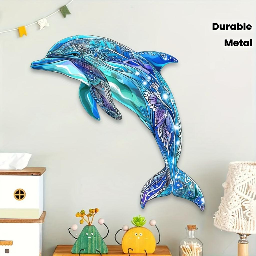 1pc Durable Decoration for Living Rooms, Bedrooms and Outdoor Spaces - Ideal Housewarming Gifts -Colorful Metal Dolphin Wall Art