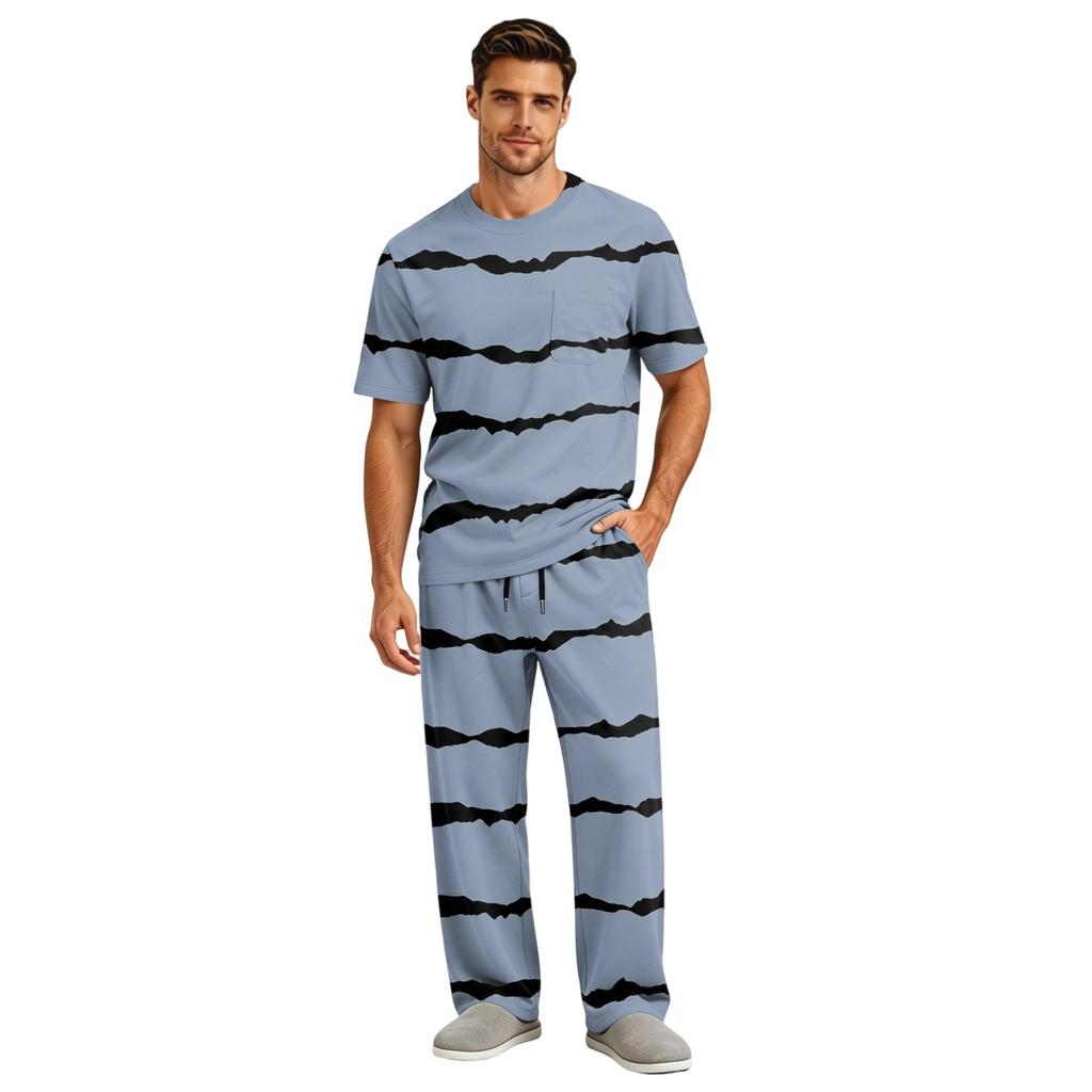 Men's Short Sleeve Pajama Set with Long Pants, Button Crotch, Elastic Waist Drawstring - Comfortable Sleepwear