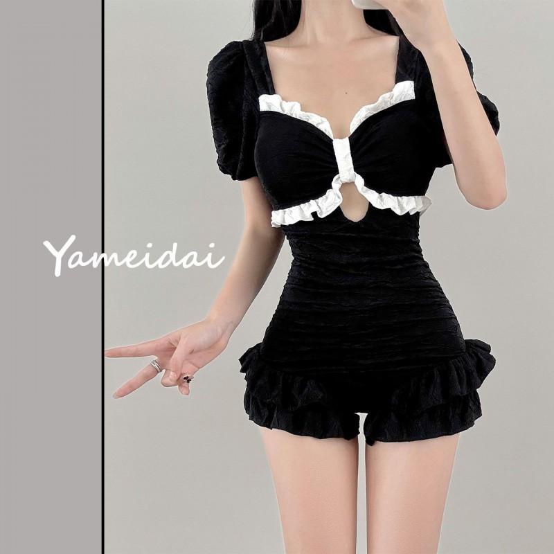 

One-piece Swimsuit Women s Conservative Chest Pad Slimming Covering Their Belly Students vacation Seaside Swimming Hot M чёрный