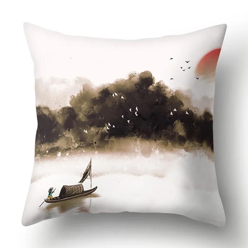 Ink Landscape Painting Pillowcase Bedroom Room Home Decoration Office Seat Living Room Sofa Cushion Cover 45x45cm