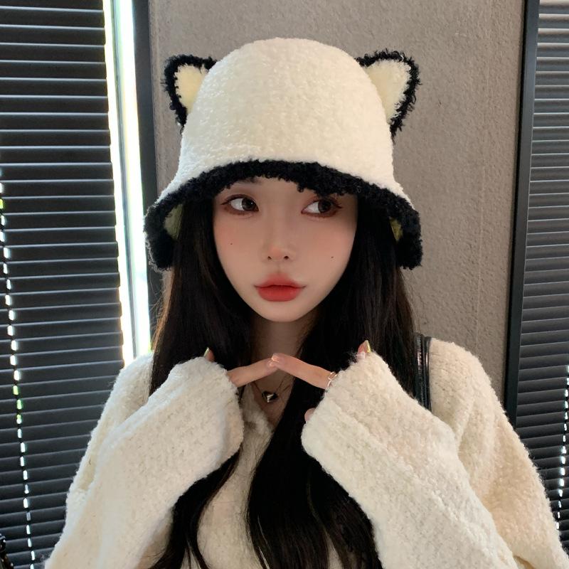 Korean Version of Versatile Autumn and Winter New Hat for Women Cute Bear Imitation Lamb Velvet Fisherman Hat Winter Warm Wave Edge Basin Hat
