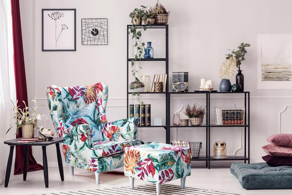 Fotel uszak ARI PRINT skandynawski Family Meble kratka turkus niebiesk