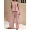 Women Solid 2 Piece Outfit, Round Neck Sleeveless Tank Top + Wide Leg Pants, Casual Matching Set
