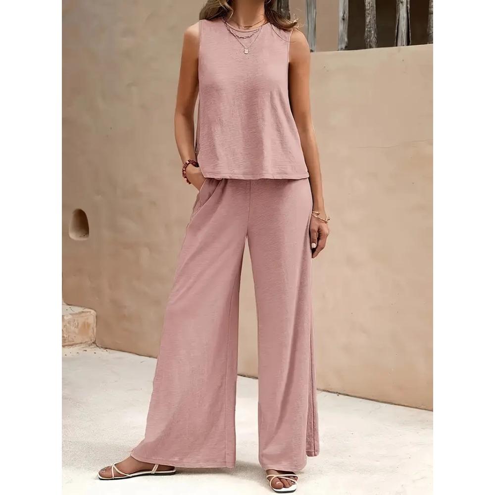 Women Solid 2 Piece Outfit, Round Neck Sleeveless Tank Top + Wide Leg Pants, Casual Matching Set