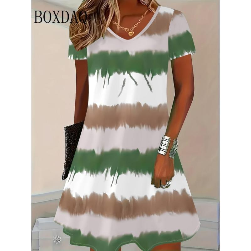 Striped Dresses Summer Elegant Women'S Clothing Fashion V-Neck Flower 3D Print Short Sleeve Dress New Plus Size Loose Dress
