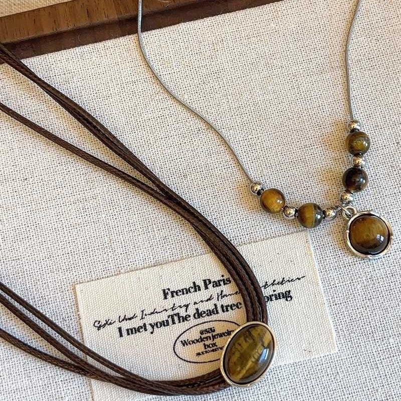 Vintage Leather Tiger's Eye Necklace - Women's Chinese Style Layered Necklace, Versatile Elegant Choker