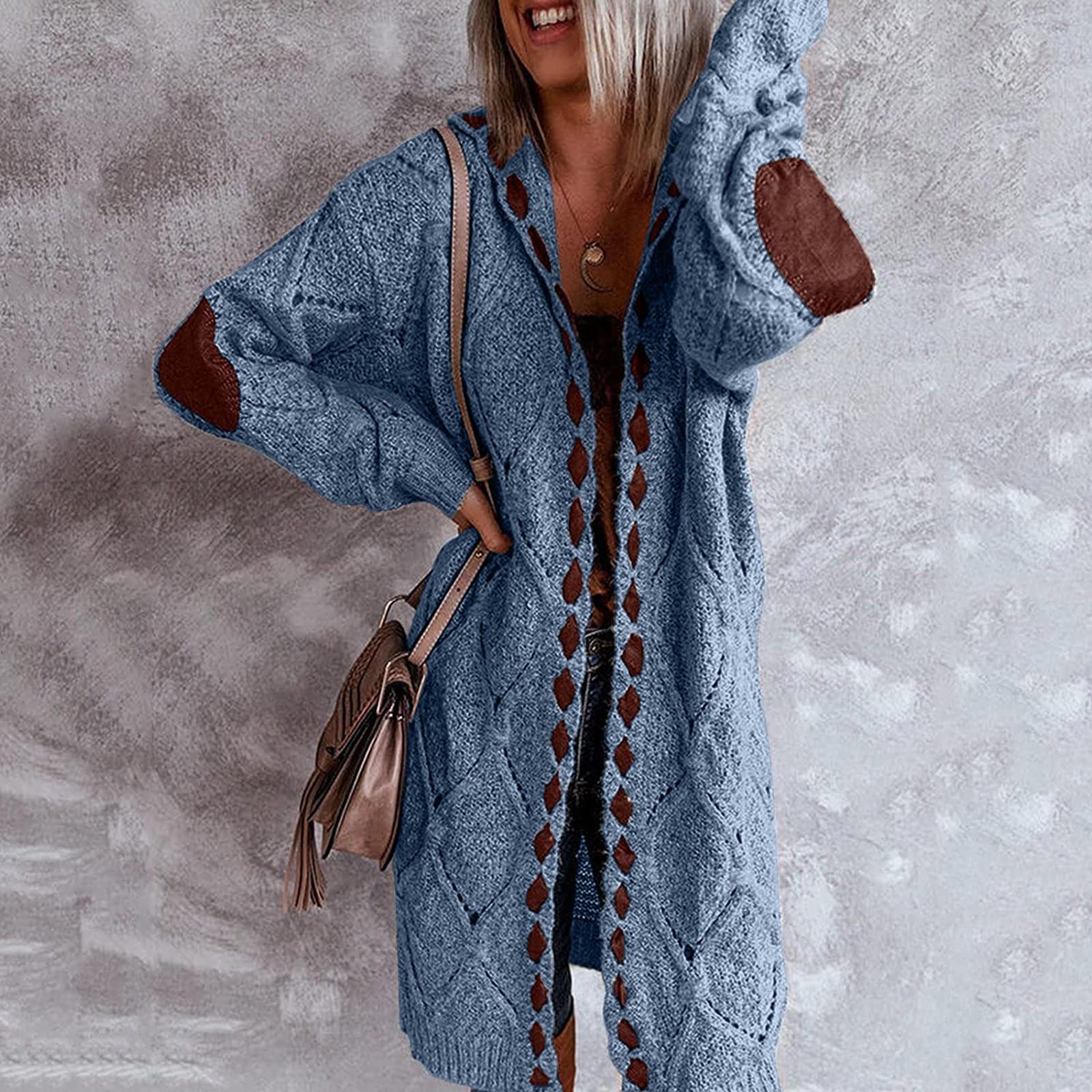 

Женский кардиган больших размеров, длинные вязаные свитера с открытой передней частью и нашивкой на локте, верхняя одежда с длинными рукавами, пальто (S-2XL) S синий