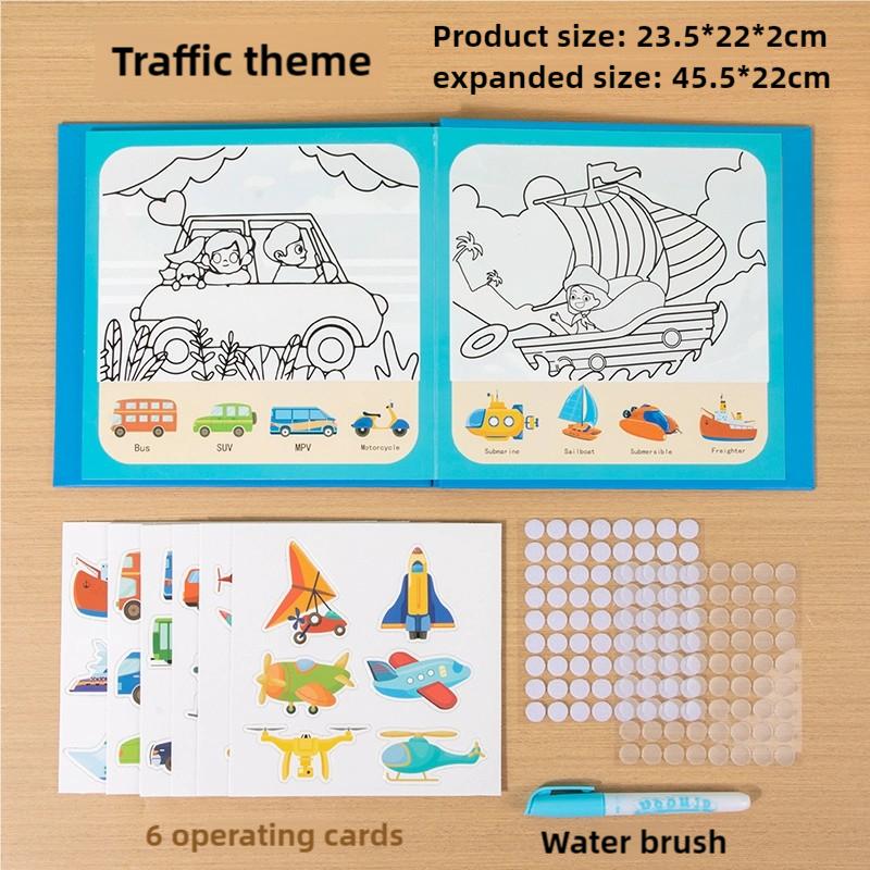 Magic Water Drawing Book 2-in-1 DIY Hand-on Puzzle Reusable Scene Stickers Educational Learning Cognition Toys for Kids Gift