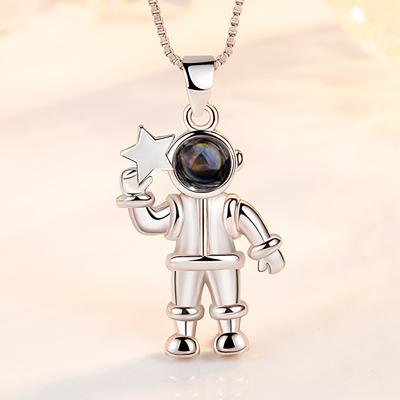 Women's Silver Plated Jewelry 520 I Love You In One Hundred Languages Cosmic Astronaut Projection Stone Necklace Pendant