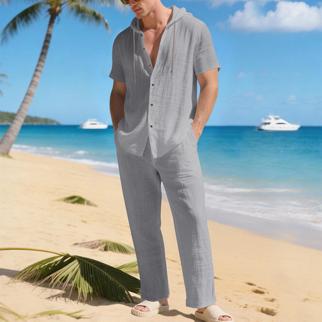 Men'S Solid Color Casual Short Sleeved Pants Two-Piece Fashionable Set