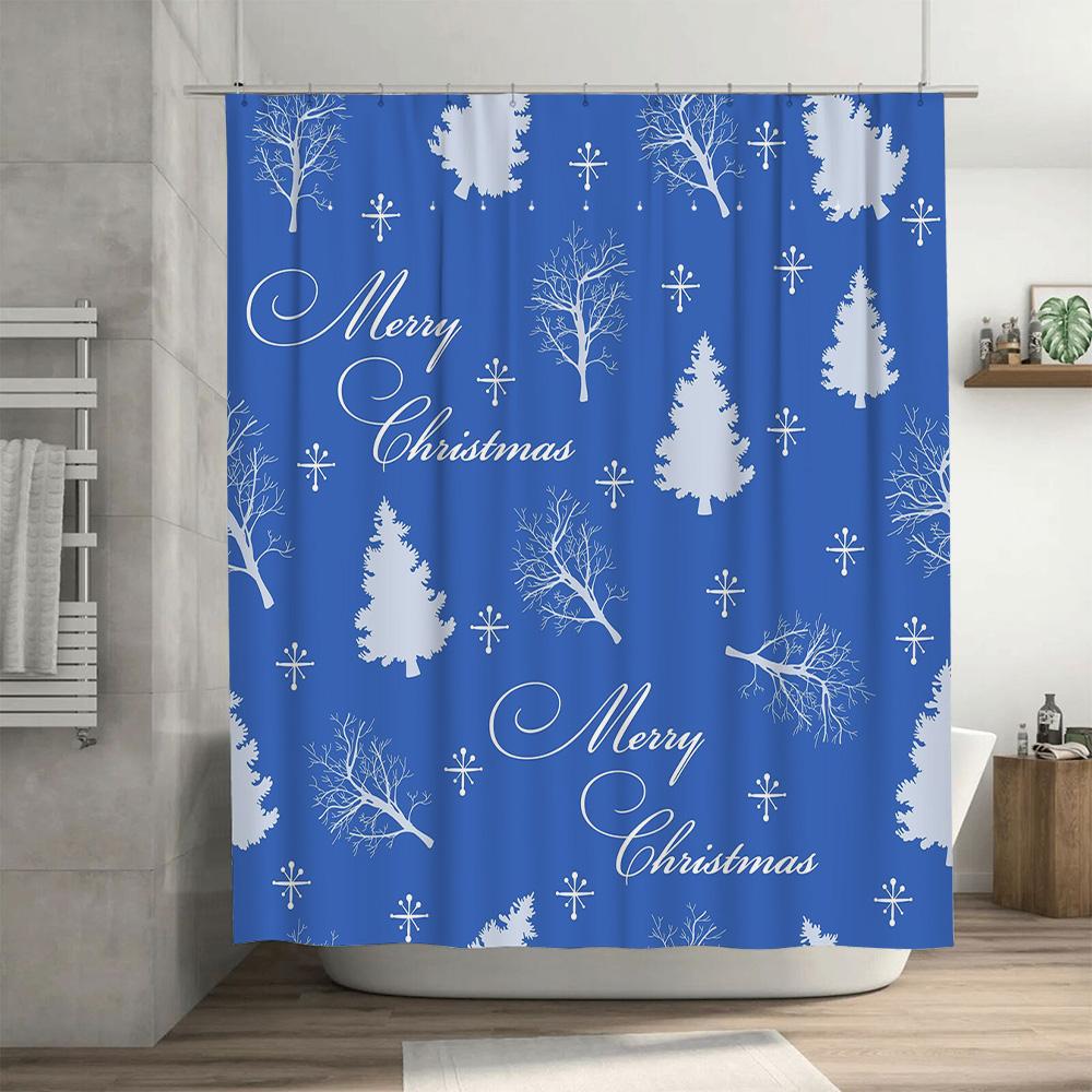 Christmas Shower Curtain Set Decorations Waterproof Blue White Snowflakes Trees Merry Christmas Bath Mat Home Decoration B01DQ3N