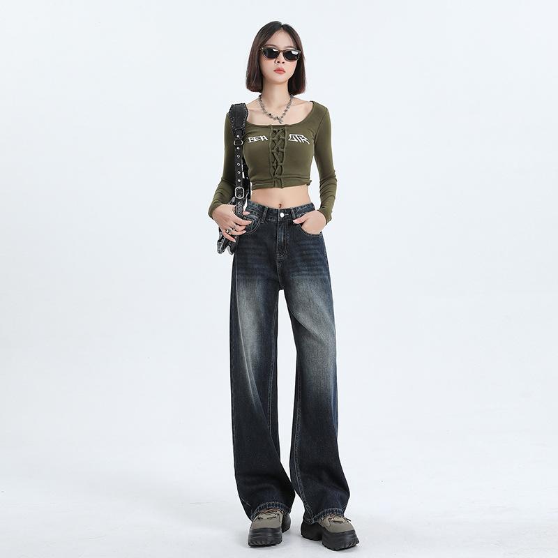 Lieshe design sense narrow version wide-leg velvet thickened jeans women's loose straight vertical versatile and thin floor pants