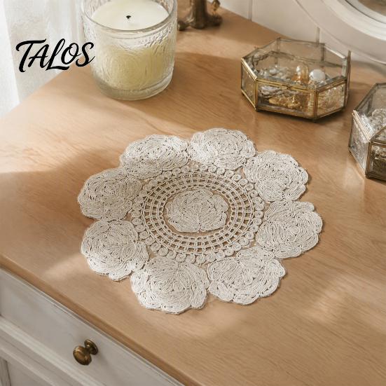 Round Lace Doilies for Dressers Rose Placemat, Embroidered Coaster Place Mat, Retro Vintage Floral Table Mats Doily Tea Cup Vase Dining Decoration