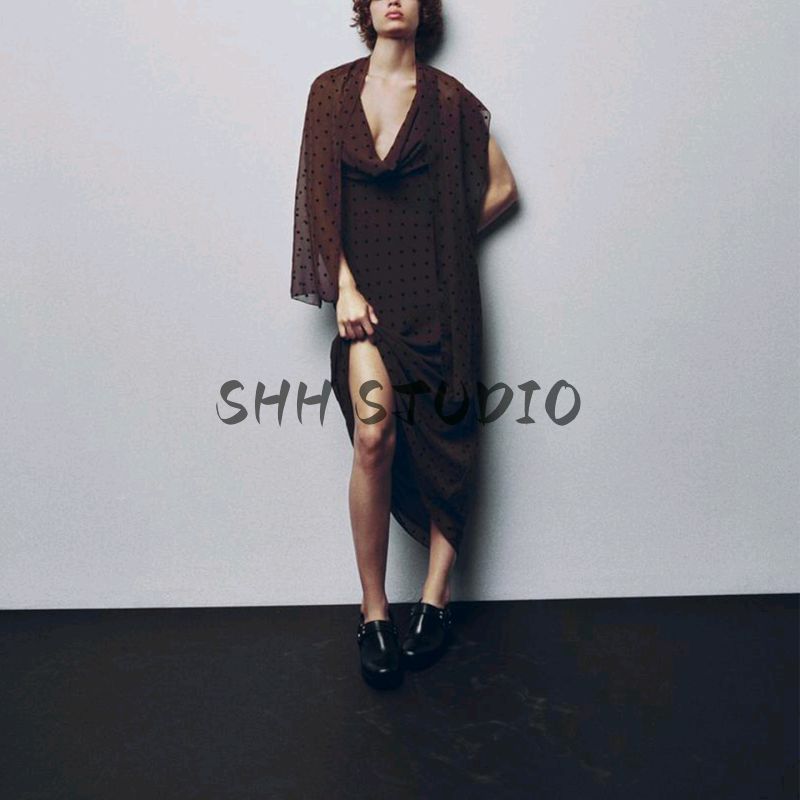 Summer New Product Women's Clothes Sexy Wind Ruched Decoration Hanging Collar Polka Dot Scarf Length Dress 3067232