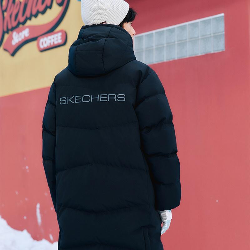 Skechers Basic Letter Print Long Down Jacket 'Black' Men's P423M128-0018