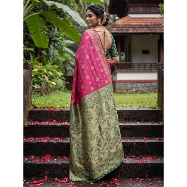 Premium Pink Litchi Silk Saree with Green Blouse – Zari Butta Woven Elegance