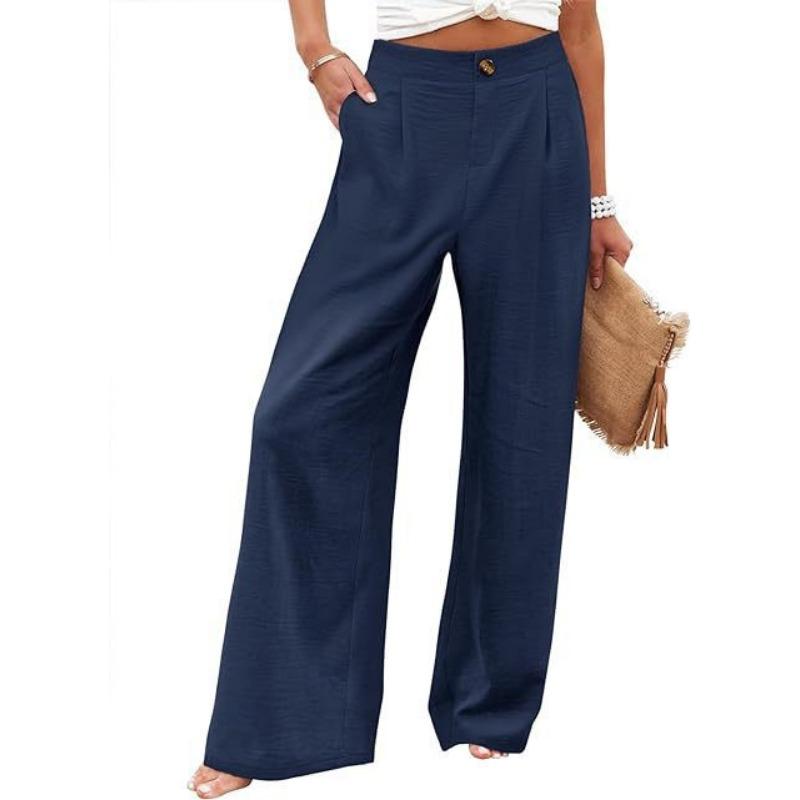 Women Solid High Waist Single Button Front Pleated Loose Wide Leg Comfort Casual Long Trousers