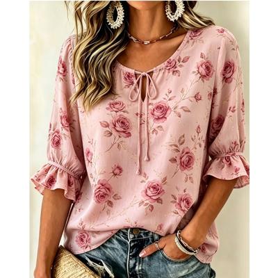 Women's Multi-Pattern Print Tie Front V Neck 3/4 Ruffle Sleeve Loose Blouse, Casual Daily Wear Top