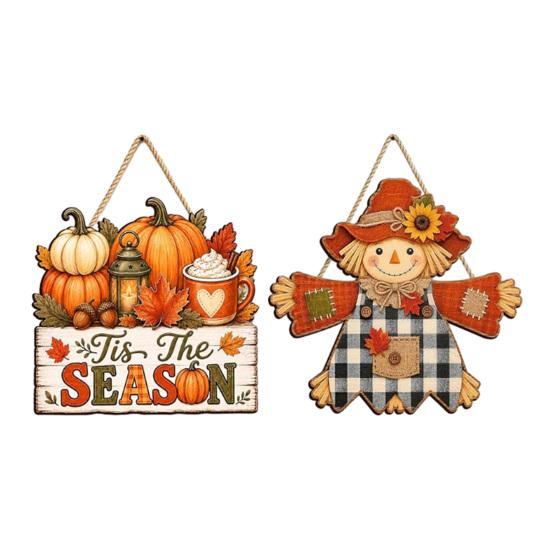 Front Door Welcome Sign Fall Wooden Hanging Sign, Autumn Scarecrow & Pumpkin Maple Leaf Entryway Ornament Hanger, Harvest Thanksgiving Decor,