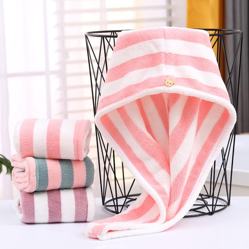 Wide Striped Coral Fleece Shower Cap, Girls Long Hair Quick-drying, Water-absorbing Dry Hair Towel, Soft Head Towel, Head Towel