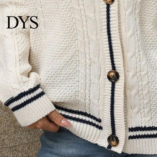 Women Casual Sweater Coat V-neck Long Sleeve Twist Texture Knitting Patchwork Color Single Breasted Loose Fit Elastic Outwear Knitwear