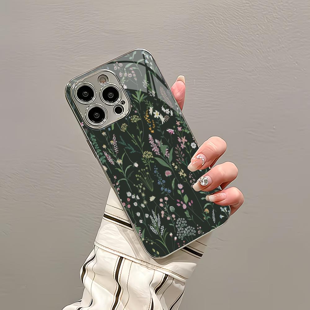 Green floral plant silver plated glass phone case suitable for iPhone 17 16 15 14 13 12 11 Pro/Max/Plus scratch resistant
