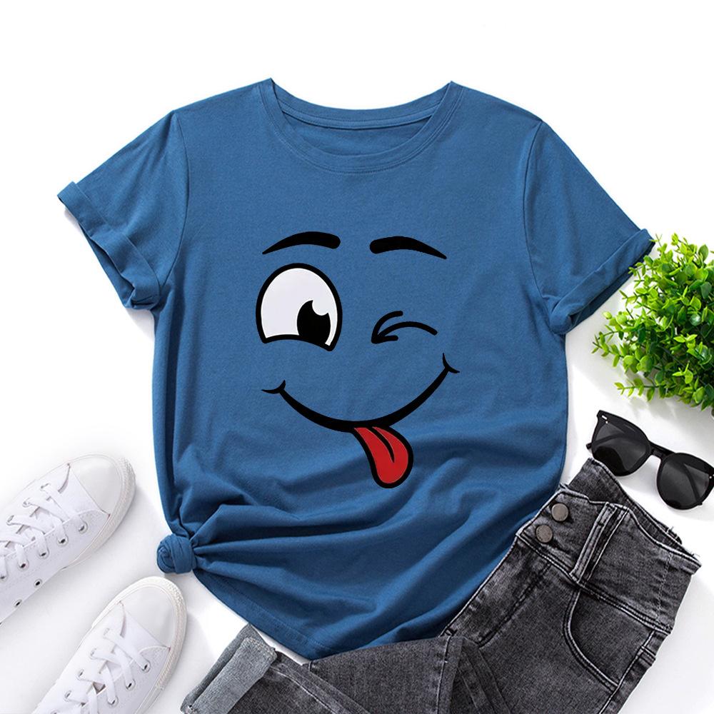 Cotton T-Shirt Short Sleeve Round Neck Women 2d Print Tops