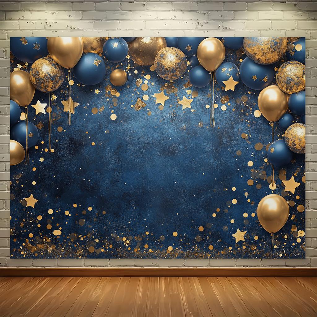 Un elegante fondo de poliéster con globos y estrellas azules y doradas, decoración multifuncional para la boda