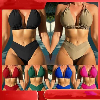 Maillot de bain pour femme, couleur unie, sac Triangle Sexy, col licou, cravate arrière exposée, taille haute, bikini, maillots de bain, 7 couleurs