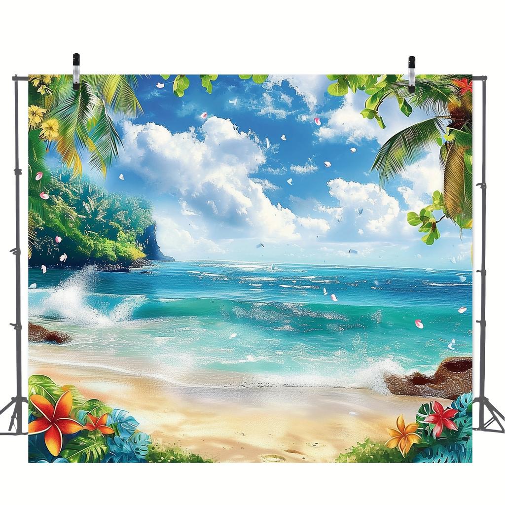 1PC, Hawaiian Beach Background Cloth, Blue Sky and Ocean, Palm Leaves and Flowers, Suitable for Party and Birthday Decoration