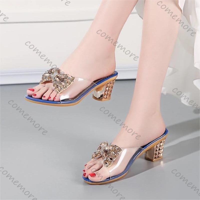 Comemore New Summer Outside Wear Versatile Medium Thick Heel Slippers Women's Shoes Casual Rhinestone Bow Flip Flops Ladies Shoe