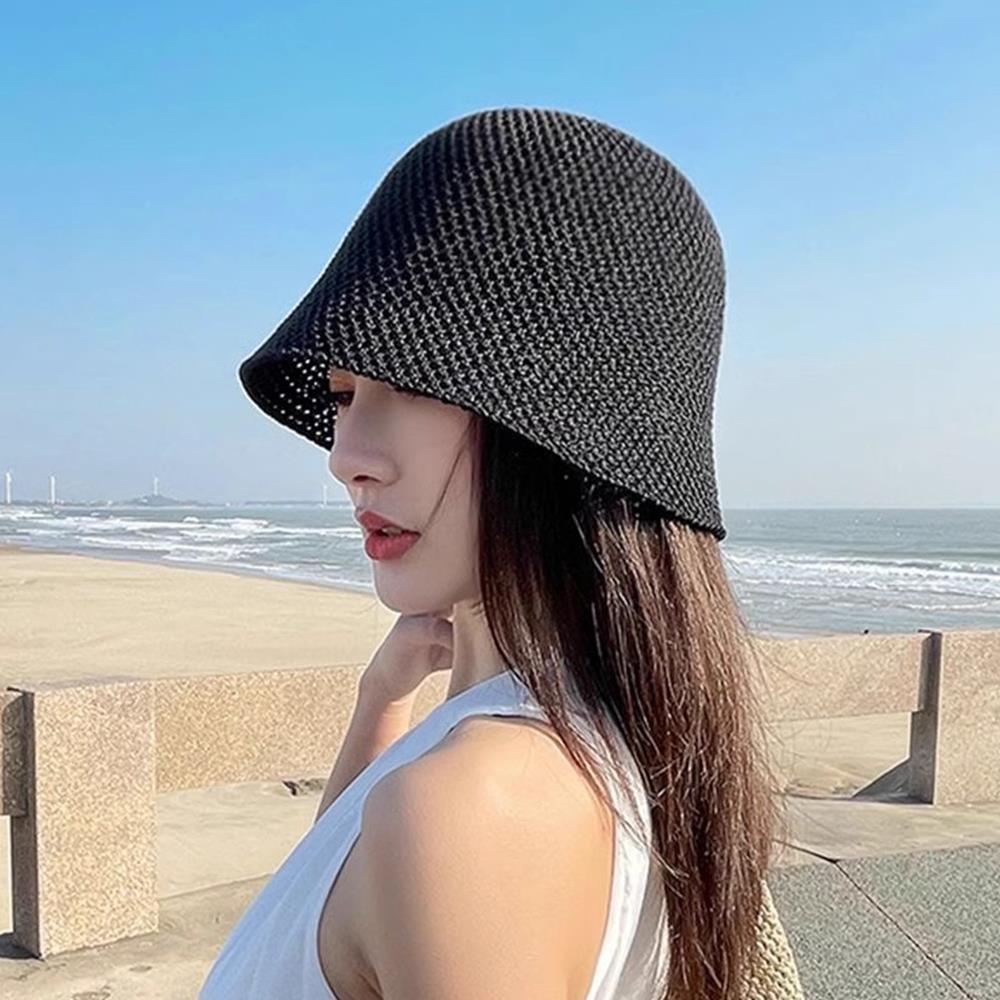 Summer Women Bucket Hat Hollow Out Breathable Sun Hat Outdoor Anti-UV Beach Panama Cap Fold Wide Brim Knitted Fishierman Cap