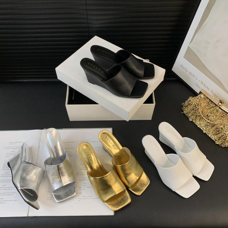 Women's Slippers 2025Summer New Leather Slippers Wedges Slippers for Women Open Toed High-heeled Slipper Sandalias Mujer